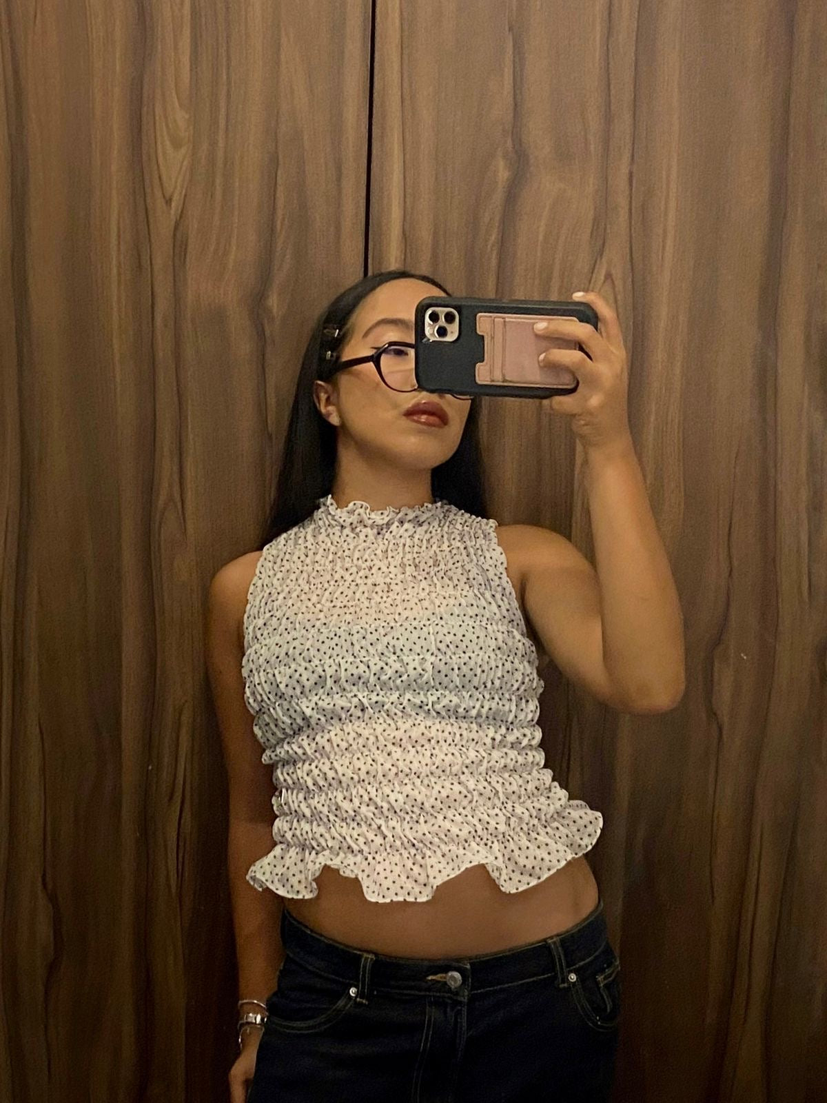 Polka Dot Shirred Tank Top